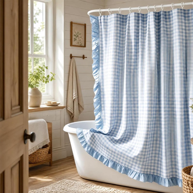 Whaline Gingham Ruffled Shower Curtain 72 x 72 Inch Blue