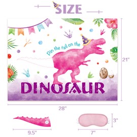 WERNNSAI Pin The Tail on The Dinosaur Game - Dino Theme Party Games for Girls Kids 21" x 28" Dinosaur Poster 24 Pcs Pink Tails Watercolor Dinosaur Birthday Party Supplies
