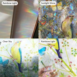 Flortlias Rainbow Suncatcher Floral Window Film, Privacy Iridescent Static Cling Double-Sided Window Decals for Window Door Glass Decor, Watercolor Vintage Birds and Butterflies, 39.37" x 16.92"