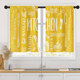 Arttown Yellow Kitchen Curtains 36 Inch Length Modern Window Short Tier Curtains Over Sink Set of 2, White Doodle Abstract Art Small Kitchen Decor