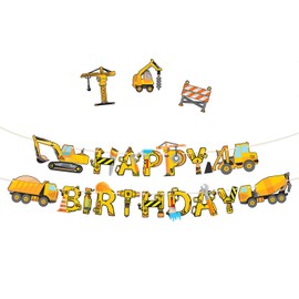 Construction Birthday Party Supplies Banner - Premium Pre-Assembled Happy Birthday Decoration with Dumb Truck Excavator Crane and more for Boys Under Construction Kids Party Theme