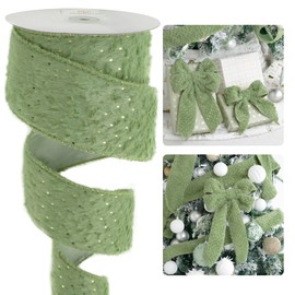 HUIHUANG Sage Green Ribbon Wired 2.5 inch Light Moss Faux Fur Wired Ribbon with Gold Polka Dot Fur Wire Ribbon for Christmas Trees, Bows, Wreaths, Garlands, Gift Wrapping, Home Decor- 10 Yards