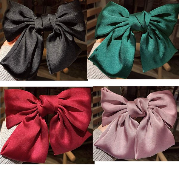 4 Pcs Bow Hair Barrettes Satin Solid Color 6.3 Inch Clips For Women Girls Hair Accessories （Black Pink Green Red）