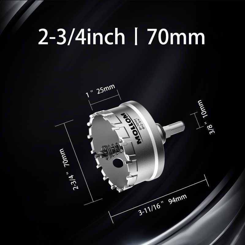 Mollom (2-3/4''|70mm) Heavy Duty Carbide Hole Saw with 2 Pilot