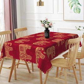 DORCEV Indian Elephants Rectangle Tablecloth Elephant Table Cover for Kitchen Ethnic Elephants Paisley Boho Red Tablecloth Dining Table Cloth Tabletop Tablecloths for BBQ Picnic Coffee,70x120 Inch