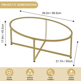 Coffee Table Gold Oval Glass Coffee Tables for Living Room,Modern Gold Metal Frame Tea Tables for Small Space, Tempered Glass Top Center Table with Stable Cross Base for Bedroom, Office,Balcony