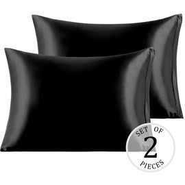 PiccoCasa Satin Pillow Cover, Cool Rayon, Touch Cooling Sensation, Pillow Case with Zipper, Set, Soft Like Silk, Double-sided Pillowcase, Solid, Odor Resistant, 2 Pieces, Black, 16.9 x 24.8 inches (43