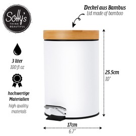 Solly´s 3 L Cosmetic Bin with Bamboo Lid, Pedal Bin with Soft-Close Mechanism for the Bathroom, White