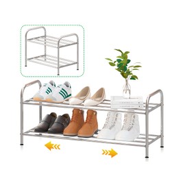 SKIKEN 2-Tier Expandable Shoe Rack - 100% Stainless Steel,4-Rod Extendable & Adjustable Feet | Simple Stretchable Space-Saving Shelf for Small Space Closet Entryway (15" to 27", Silver)