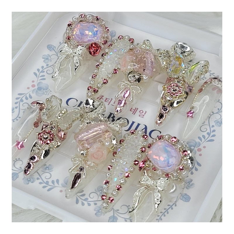 [Premium] Romantic Crystal Rose Handmade Nail Tips - Square M