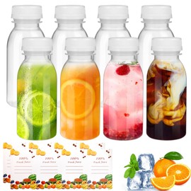 200 ml Reusable Empty Bottles, 8Pcs Plastic Bottles with Lids, Plastic Juice Bottles, Clear Milk Bottles, Transparent Plastic Bottles with 2 Stickers, Recyclable Storage Bottles for Homemade Beverages