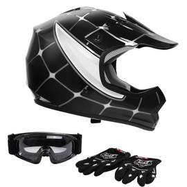 DOT Youth Helmet+Goggles & Gloves Motocross Net Street Dirt Bike ATV Helmet Gloves Googles (Kids Black Spider, XL)