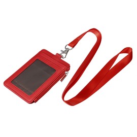 MECCANIXITY ID Badge Holders with Lanyard, Vertical PU Leather 5 Card Slots Zipper Portable Wallet Clear Window for Office, Red