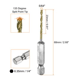sourcing map 10pcs 1/4" Hex Shank Drill Bit 5/64" Gold Titanium M2 High Speed Steel Twist Drill Bit 135 Degree Split Point Tip Drilling Tool with Quick Change Hex Shank for Metal Wood Plastic