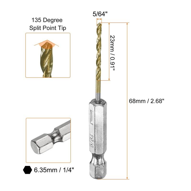 sourcing map 10pcs 1/4" Hex Shank Drill Bit 5/64" Gold