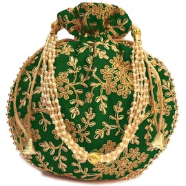 Radhykrishnafashions Indian Women 1 PC Wedding Potli Bag For Women Ethnic Designer Embroidery Work Batwa Pearls Handle With Intricate (Green)