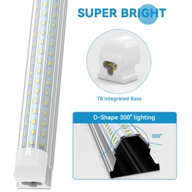 SHOPLED 6FT LED Shop Light, D-Shape 72W 9360LM 6000K Cool White, Linkable T8 LED Tube Light Fixtures, 6 Foot LED Shop Lights for Garage, 4 Pack