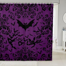 Erosebridal - Cortina de ducha de murciélago de Halloween de 72 pulgadas de ancho x 72 pulgadas de largo para niñas y mujeres, cortina de baño de murciélagos negros y púrpura, diseño gótico, flores de