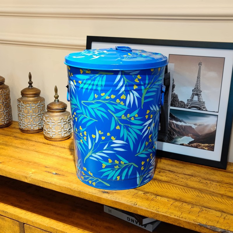 HOZUSO Hand Painted Metal Trash Can with Lid Recycling Canister