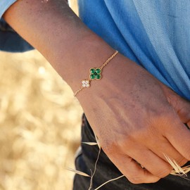 MYEARS Flower Bracelet for Women Gold Sideways Double Four-leaf-clover Link Charm May Birthstone Green Cubic Zirconia 14K Simple Dainty Thick Chain Floral Lucky Jewelry Gift