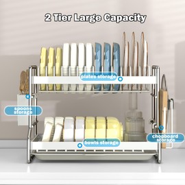 HOISIMDY Dish Drying Rack 2 Tier Countertop Dish Draining Rack Organizer White
