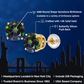 Gem Stone King 14K Yellow Gold Green Mystic Topaz Stud Earrings For Women Men (2.00 Cttw, Gemstone Birthstone, Round 6MM)