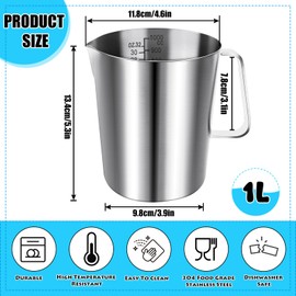 WJMY Measuring Jug 1L Stainless Steel, Metal Measuring Cup with Handle, with Ounce and ML Scale, Food Grade 304 Stainless Steel, for Milk Jug, Coffee Pot, Ice Bucket, Dishwasher Safe, Silver (1000 ml)
