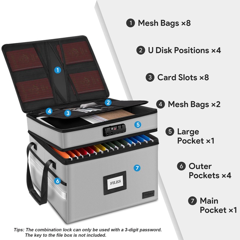 Fireproof Document Box with Lock, 2-Layer File Box Storage Organizer