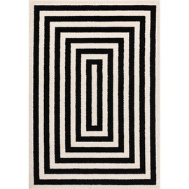 Abani Contemporary Area Rug, Contrasting Geometric Modern Stripe Symmetrical Living Room Carpet Rugs (Ivory Black, 2'2 x 12')