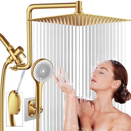 12'' Rainfall Shower Head Combo, Gold High Pressure Shower Head with Flexible Extension Arm & 4-Setting Handheld Sprayer, 60'' Long Hose, Stainless Steel