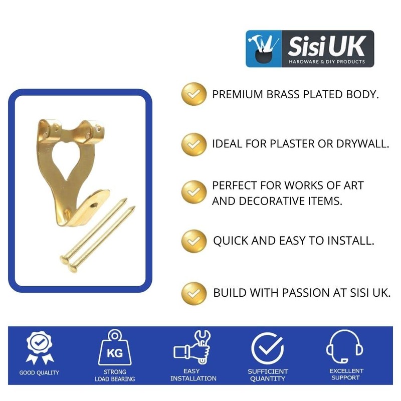 Brass Plated Picture Hanger Hooks with Pins Pack of 10