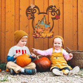 Hello Fall Wood Sign Decoration,Fall Theme Mouse Pumpkin Hanging Photo Props Thanksgiving Wooden Cutout Sign for Fall Party Supplies