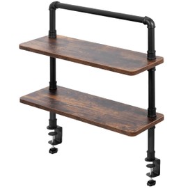 VIVO Clamp-on Premium 24 inch Industrial Pipe 2-Tier Tabletop Shelving, Heavy Duty Desk Extension Organizer, Modern Desktop Display Shelf, Rustic Vintage Brown Shelves, DESK-SHELF24-2N