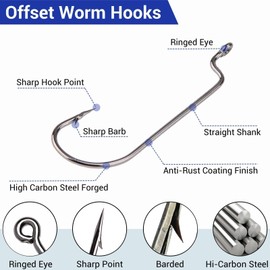 FINOSEAK 100Pcs Offset Worm Hooks Kit, Round Bend Bass Fishing Hooks for Texas Carolina Rigging 5 Sizes Assorted 1/0 2/0 3/0 4/0 5/0
