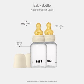 BIBS Baby Bottle 5 oz / 150 ml Natural Rubber Latex Nipple 2 Pack - Anti-Colic, BPA-Free, Round Nipple, Slow Flow, Lightweight & Easy to Clean, Suitable for Newborns 0+ Years - Ivory