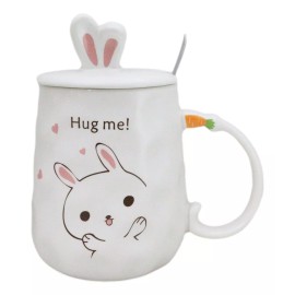 Ebros Gift White Bunny Rabbit Hug Me Ceramic Mug With Bunny Ears Lid And Stirring Spoon