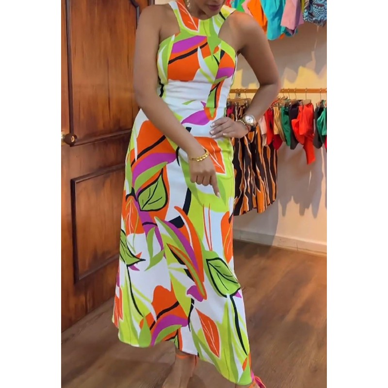 Women's Casual Halter Neck Sleeveless Floral Backless Loose Long Maxi