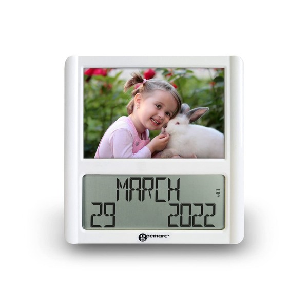 Geemarc VISO 5-Extra Large Atomic Radio Controlled Clock with Photo Frame-Ideal for People with Dementia Or Alzheimer's-Clear Non Abbreviated Display-UK Version, White, 19 x 2 x 20.5 cm