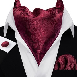 Barry.Wang Men Ascot Tie Set Cravat Paisley Solid Burgundy Silk Scarf Self Necktie Handkerchief Cufflinks Formal Wedding Party Prom