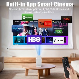 Mini Projector with WiFi and Bluetooth, 1080P Supported Smart Projector with Built in Apps, Outdoor Movie Projector 150" Display, Auto Keystone，Short focal length Projector.
