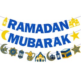 PTFNY Glitter Ramadan Mubarak Banner Muslim Ramadan Mubarak Bunting Banner Garland for Ramadan Mubarak Decorations Islamic Ramadan Eid Party Supplies