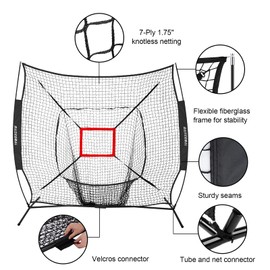 BaseGoal 7'×7' Baseball Softball Practice Net,Baseball Backstop,with Batting Tee,for Hitting Pitching Batting Catching with Bow Frame,Bonus Strike Zone (Black-A)