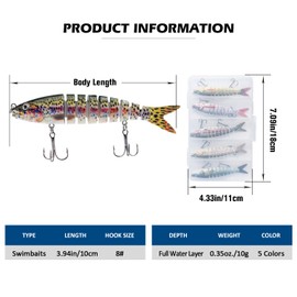 Matymats 5Pcs Pike Fishing Lures, 9 Segmented Multi Jointed Fishing Lures for Bass Trout Perch, Slow Sinking Bass Fishing Lure, Sea Fishing Lures Swimbaits, Fishing Gifts for Men