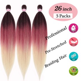 Sixersi 1B Burgundy Blonde Ombre Braiding Hair Pre Stretched 26 inch 3 Packs Pre Stre...