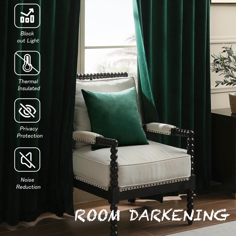 Nemia Emerald Green Velvet Curtains for Bedroom Window, Rod Pocket