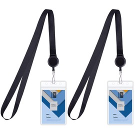 Wisdompro Cruise Lanyard with ID Holder, 2 Pack Neck Lanyard with Retractable Badge Reel & Vertical Double Sided Clear ID Badge Card Holder - Black