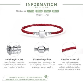 Jewellbox Girls Genuine Leather Charm Bracelet, Charm Bracelets for Womens, Sterling Silver Barrel Clasp, Red, Size 19cm/7.5in