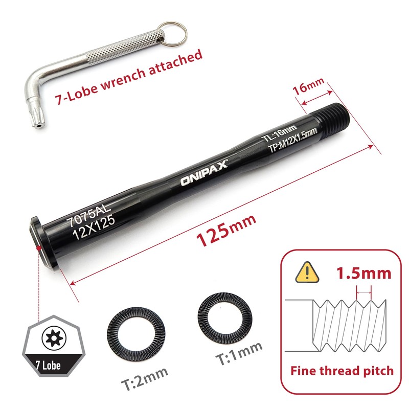 ONIPAX Anti-Theft 12mm Front Hub Thru Axle, Thread M12x1.5mm, L12mmx120/125mm