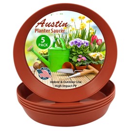 Austin Planter 4 Inch (3.5 Inch Base) Case of 10 Plant Saucers - Terra Cotta Polypropylene – Heavy Duty Indoor/Outdoor Tray and Drip Pan – Collects Flower Pot Drainage and Excess Water– Made in USA