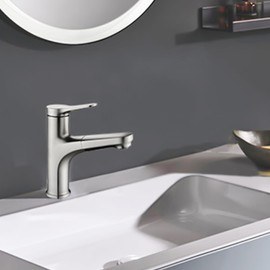 Abertree Single Hole Bathroom Pull Out Faucet with Rotating Spout,One Handle Faucet for Bathroom Sink, Modern Bathroom Faucet with Pull Down Sprayer，Brushed Nickel restroom sink faucet (grey)